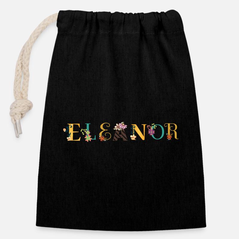 Art du nom ELEANOR avec des fleurs brodées - Sac cadeau en coton avec cordon (14 x 20 cm) - noir