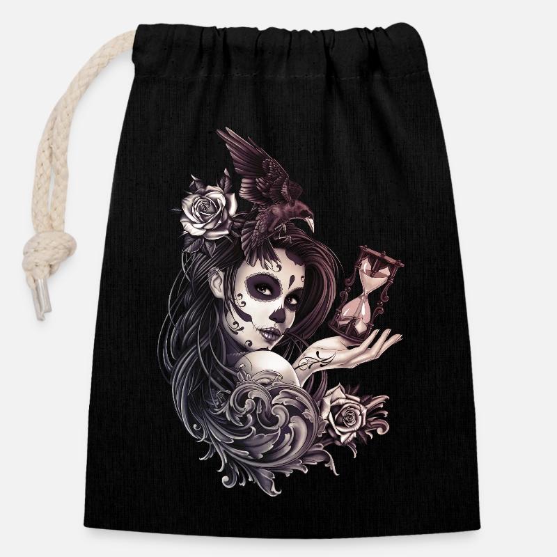 Tattoo Style Sugar Skull Mädchen mit Vogel - Verschließbarer Geschenkbeutel aus Baumwolle (14x20cm) - Schwarz
