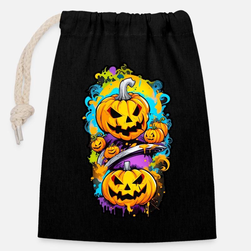 Halloween Tête de citrouille - Sac cadeau en coton avec cordon (14 x 20 cm) - noir