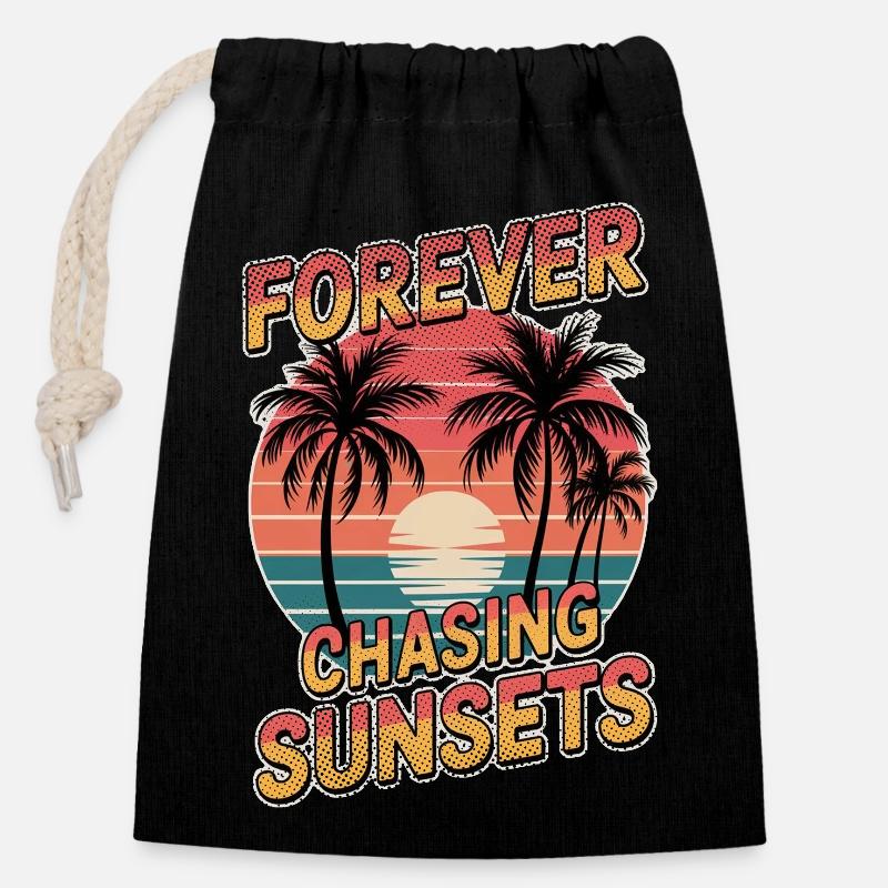 coucher de soleil - palmiers vacances - Sac cadeau en coton avec cordon (14 x 20 cm) - noir