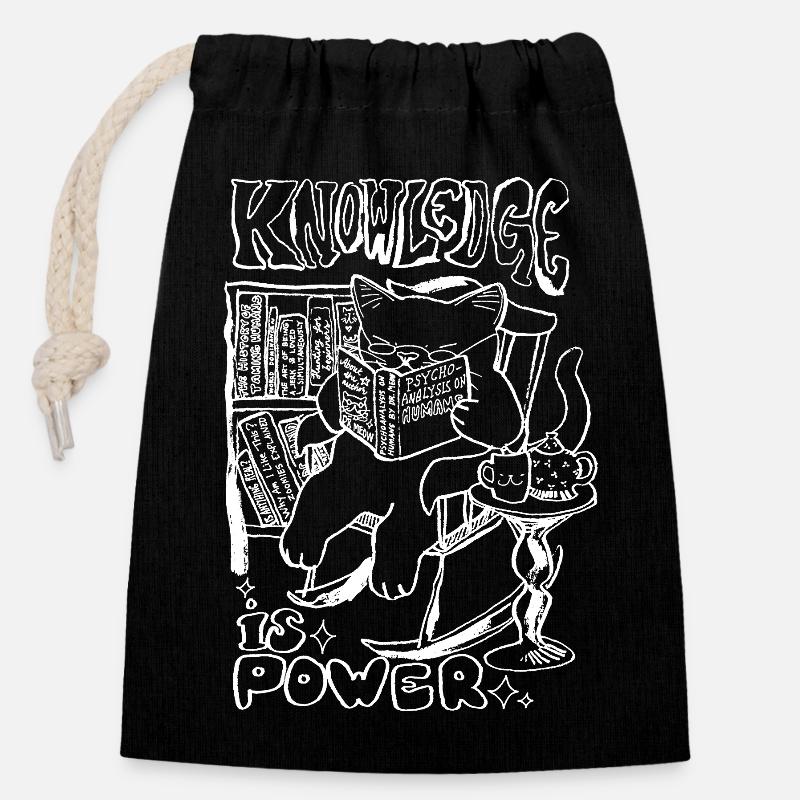 KNOWLEDGE IS POWER - Closable cotton gift bag (14x20cm) - black