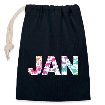 JAN - Beautiful boy name with dinosaur - Closable cotton gift bag (14x20cm) - navy - Front