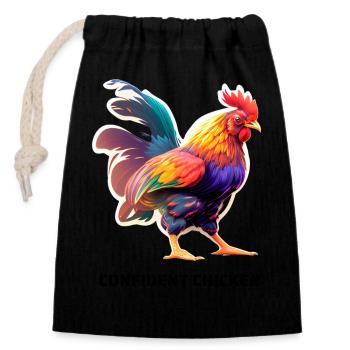 CONFIDENT CHICKEN - Verschließbarer Geschenkbeutel aus Baumwolle (14x20cm) - Schwarz - Vorne