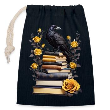 Stack of books with raven - Closable cotton gift bag (14x20cm) - navy - Front