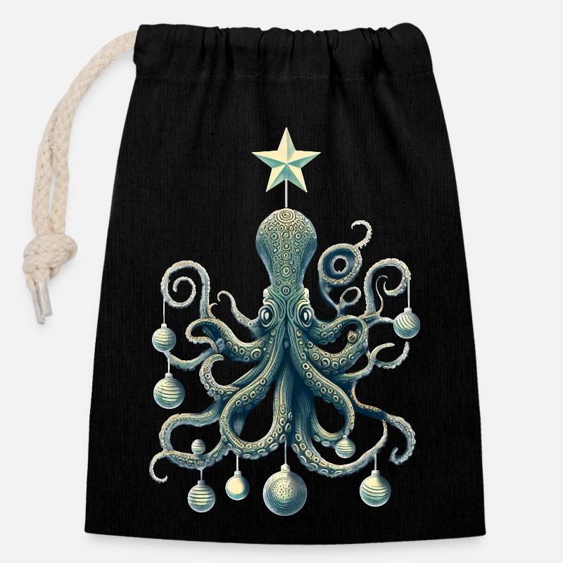 Weihnachts Oktopus mit Baumschmuck - Verschließbarer Geschenkbeutel aus Baumwolle (14x20cm) - Schwarz