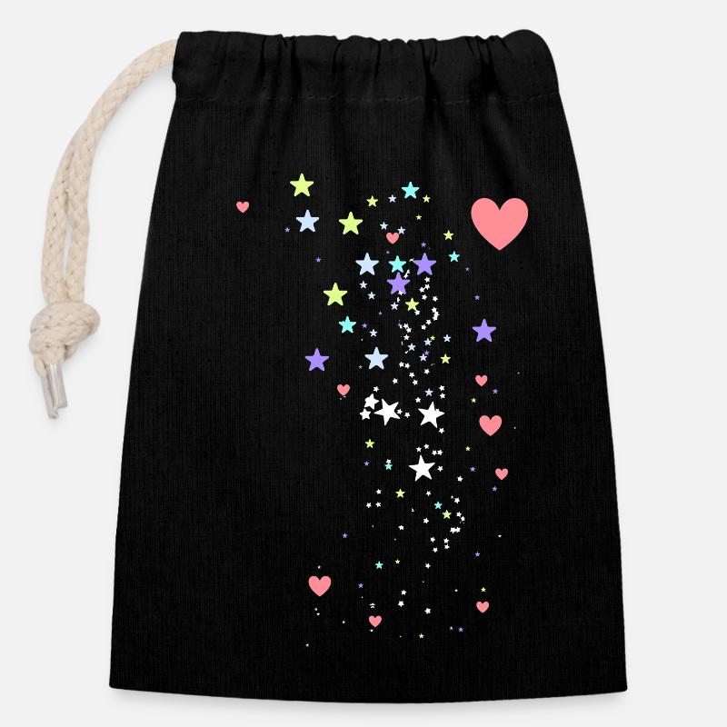 Étoiles, coeurs, couleurs pastel, illustration - Sac cadeau en coton avec cordon (14 x 20 cm) - noir