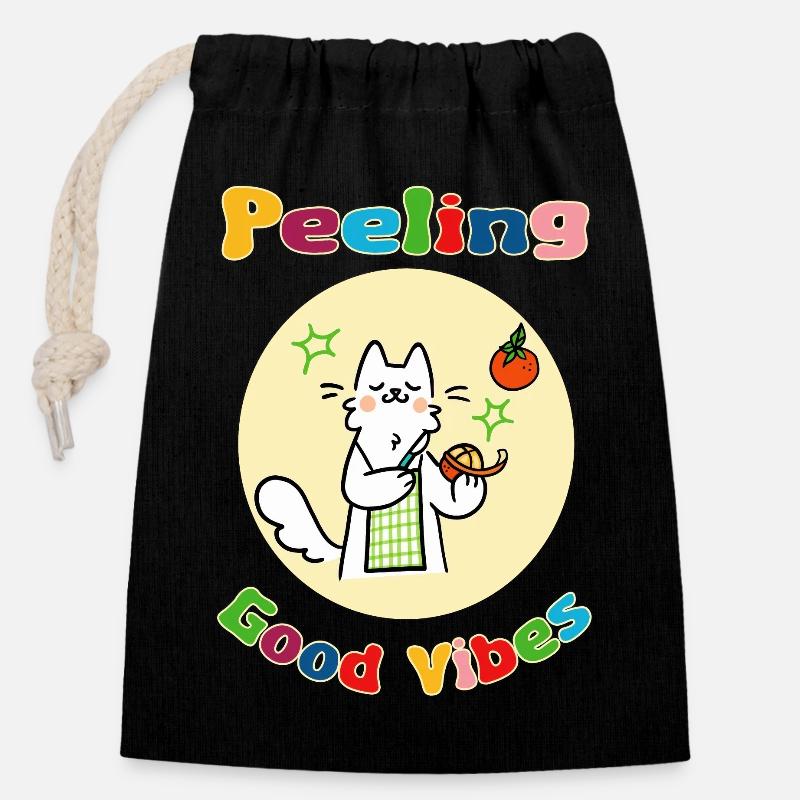 Chat Peeling Orange - Sac cadeau en coton avec cordon (14 x 20 cm) - noir