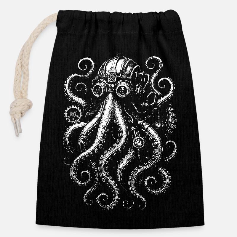 Design Steampunk Octopus - Sac cadeau en coton avec cordon (14 x 20 cm) - noir