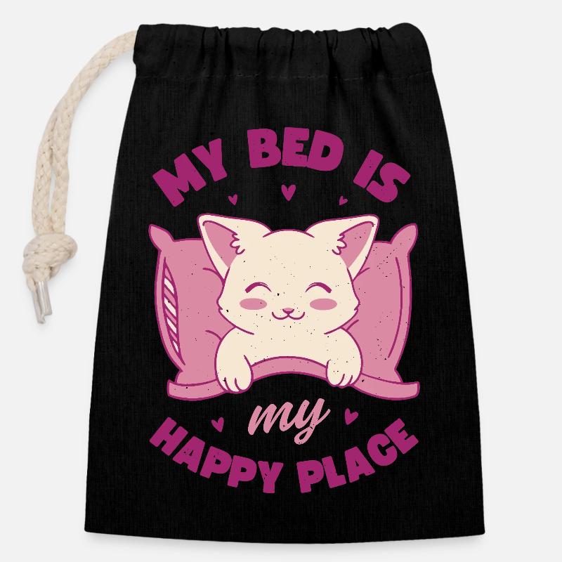 Mon lit est mon endroit heureux - Sac cadeau en coton avec cordon (14 x 20 cm) - noir
