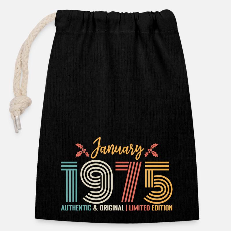 Janvier 1975 anniversaire Janvier 1975 rétro - Sac cadeau en coton avec cordon (14 x 20 cm) - noir
