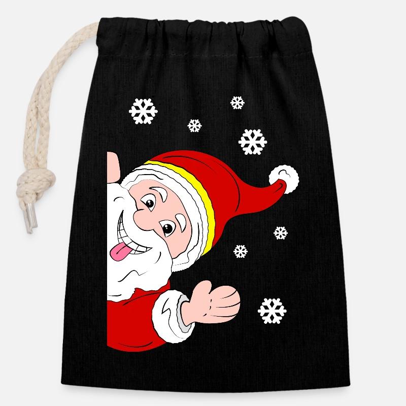 Froher Weihnachtsmann Schneegruß - Verschließbarer Geschenkbeutel aus Baumwolle (14x20cm) - Schwarz