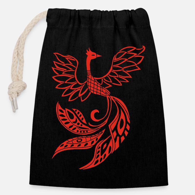 Oiseau phénix rouge - Sac cadeau en coton avec cordon (14 x 20 cm) - noir
