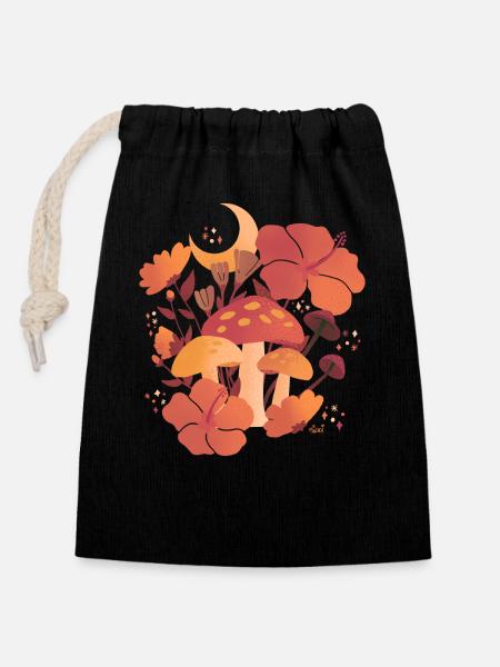 Fall Mushrooms and Hibiscus Floral Nights - Closable cotton gift bag (14x20cm) - black