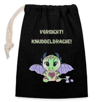 Vorsicht! Knuddeldrache - Verschließbarer Geschenkbeutel aus Baumwolle (14x20cm) - Schwarz - Vorne