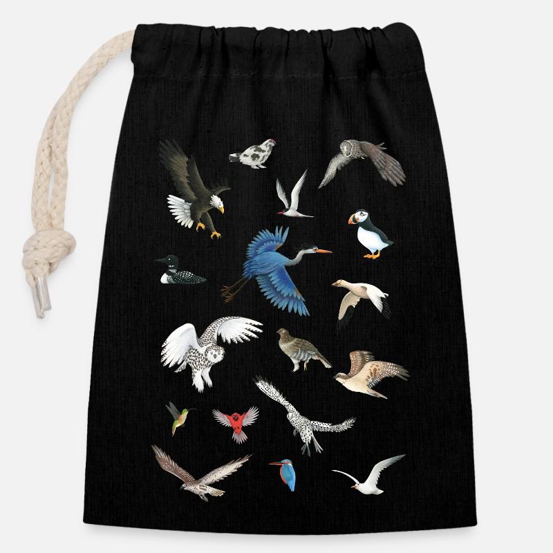 Oiseaux - Sac cadeau en coton avec cordon (14 x 20 cm) - noir