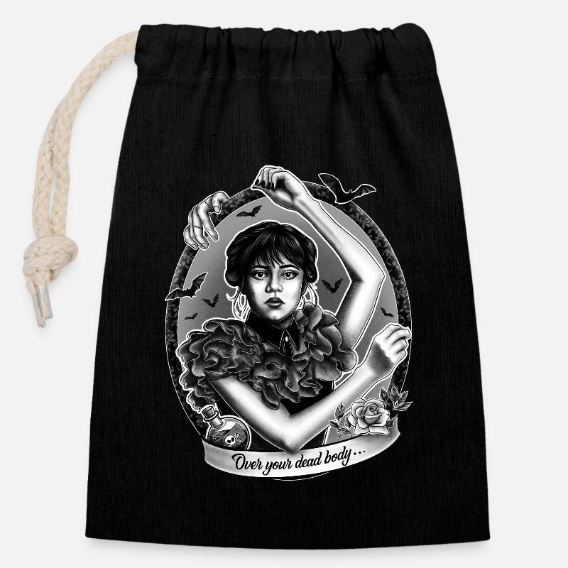 Mercredi Addams - Sac cadeau en coton avec cordon (14 x 20 cm) - noir
