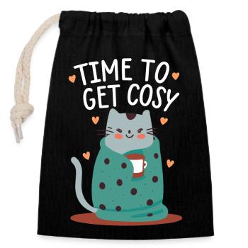 cute cat with coffee - Time to get cosy - Closable cotton gift bag (14x20cm) - black - Front