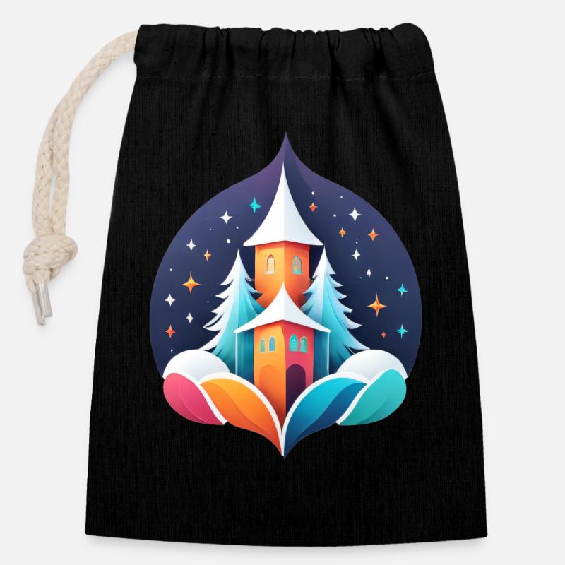 Hiver - Sac cadeau en coton avec cordon (14 x 20 cm) - noir