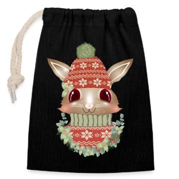 brown rabbit with sweater, bobble hat & wreath - Closable cotton gift bag (14x20cm) - black - Front