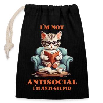 Clever cat with reading glasses - Closable cotton gift bag (14x20cm) - black - Front