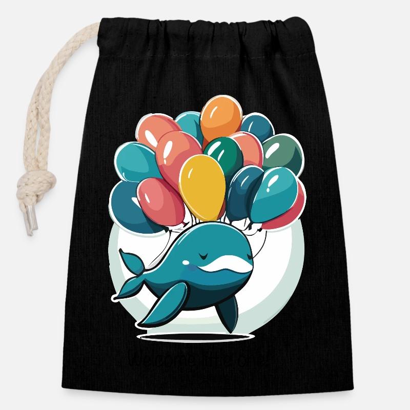 bébé baleine - Sac cadeau en coton avec cordon (14 x 20 cm) - noir