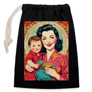 Mutter mit Kind - Retro 50erJahre - Illustration - Verschließbarer Geschenkbeutel aus Baumwolle (14x20cm) - Schwarz - Vorne