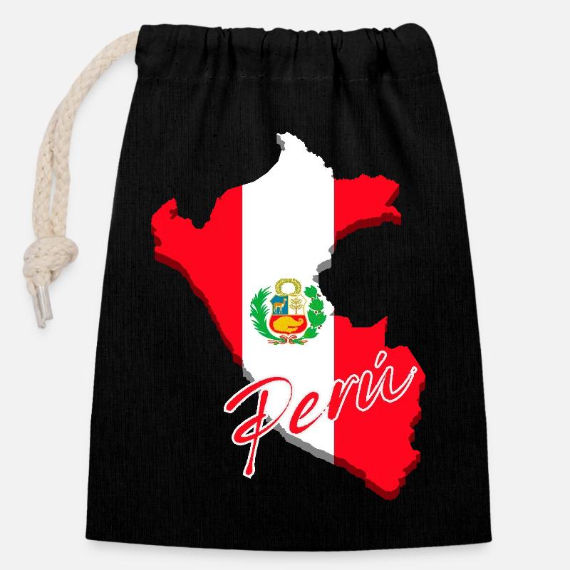 Drapeau du Pérou, carte drapeau du Pérou - Sac cadeau en coton avec cordon (14 x 20 cm) - noir