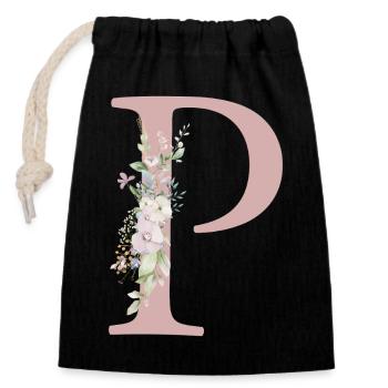 P Monogramme, Floral, Personnalisable - Sac cadeau en coton avec cordon (14 x 20 cm) - noir - Devant