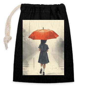 Mädchen Unter Regenschirm Bei Intensivem Regen - Verschließbarer Geschenkbeutel aus Baumwolle (14x20cm) - Schwarz - Vorne