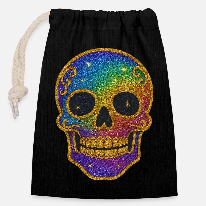 Regenbogen Glitzer Totenkopf Halloween - Verschließbarer Geschenkbeutel aus Baumwolle (14x20cm) - Schwarz