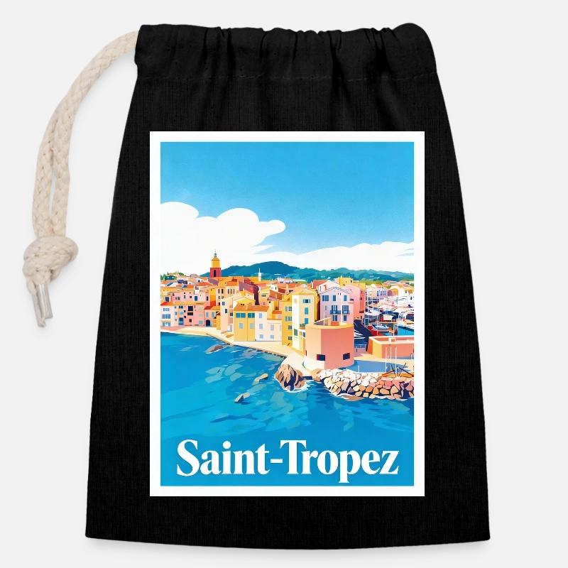 Saint-Tropez Côte d'Azur - Sac cadeau en coton avec cordon (14 x 20 cm) - noir