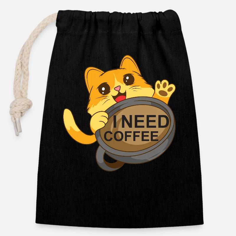 Cat needs coffee - Closable cotton gift bag (14x20cm) - black