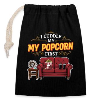 Cinéma Humour Citation Popcorn First - Sac cadeau en coton avec cordon (14 x 20 cm) - noir - Devant