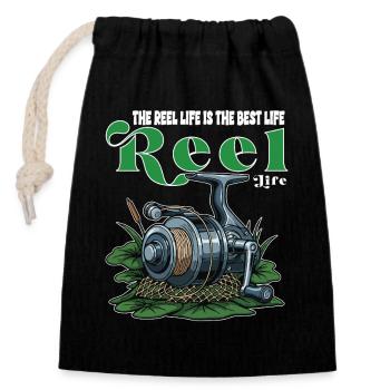 Fishing Reel Humor Camping Quote - Closable cotton gift bag (14x20cm) - black - Front