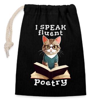 I speak fluent poetry, bookish cat - Closable cotton gift bag (14x20cm) - black - Front