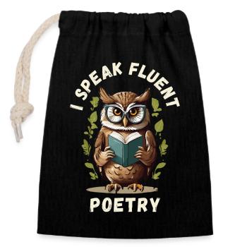 I speak fluent poetry, bookish owl - Closable cotton gift bag (14x20cm) - black - Front