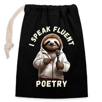 I speak fluent poetry, bookish sloth - Closable cotton gift bag (14x20cm) - black - Front