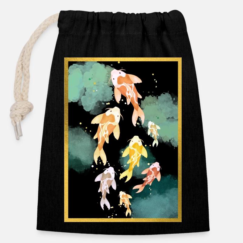 Koi Carp Golden Night - Closable cotton gift bag (14x20cm) - black