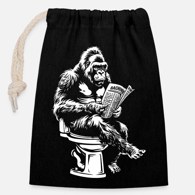Gorille réfléchi lisant le journal - Sac cadeau en coton avec cordon (14 x 20 cm) - noir