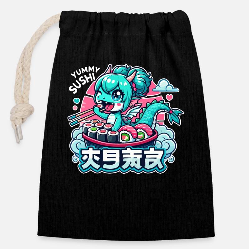 Dragon Maki Sushi Kawaii Gift - Closable cotton gift bag (14x20cm) - black