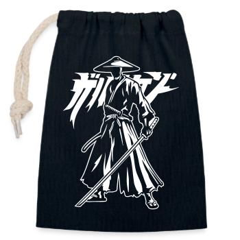 Samurai silhouette with katana and lettering - Closable cotton gift bag (14x20cm) - navy - Front