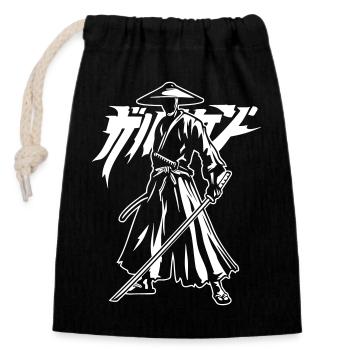 Samurai silhouette with katana and lettering - Closable cotton gift bag (14x20cm) - black - Front