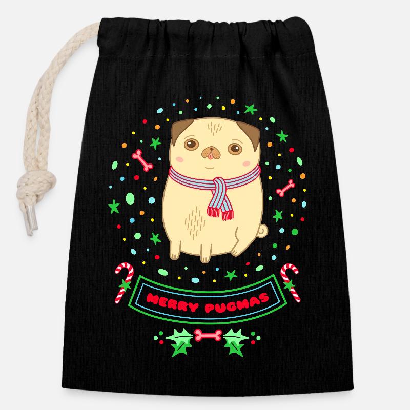 Le mignon carlin de Noël de Merry Pugma - Sac cadeau en coton avec cordon (14 x 20 cm) - noir