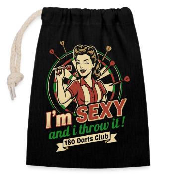 T-shirt de fléchettes pour femme : Je suis sexy et je lance ! - Sac cadeau en coton avec cordon (14 x 20 cm) - noir - Devant