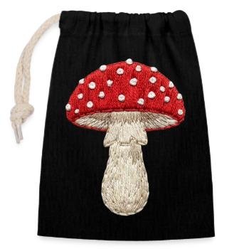 Mushroom red-white in embroidered look (printed) - Closable cotton gift bag (14x20cm) - black - Front