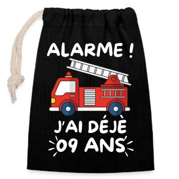 Alarm I'm already 9 years old, firefighter's birthday - Closable cotton gift bag (14x20cm) - black - Front