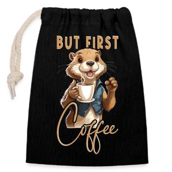 Otter Kaffee But First Coffee Tier Spruch Lustig - Verschließbarer Geschenkbeutel aus Baumwolle (14x20cm) - Schwarz - Vorne