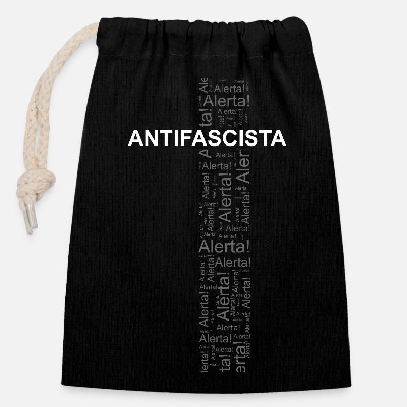 Alerte! Antifasciste ! - Art des mots - Sac cadeau en coton avec cordon (14 x 20 cm) - noir