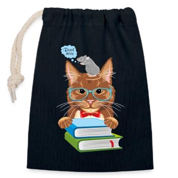 Intelligent cat and mouse with books - Closable cotton gift bag (14x20cm) - navy - Front