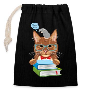 Intelligente Katz-und-Maus-Szene mit Büchern - Verschließbarer Geschenkbeutel aus Baumwolle (14x20cm) - Schwarz - Vorne
